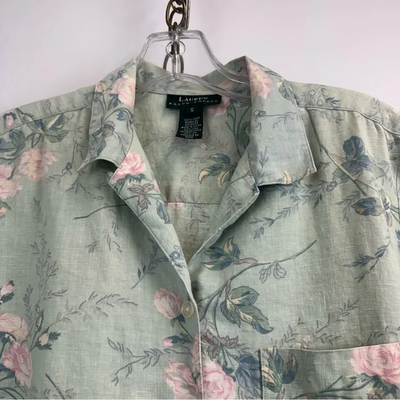 Lauren Ralph Lauren Mint Green Floral Tropical Linen Top Women’s Size Small - Picture 6 of 14